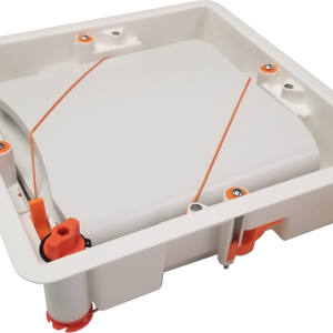 A white box with orange handles and wheels.